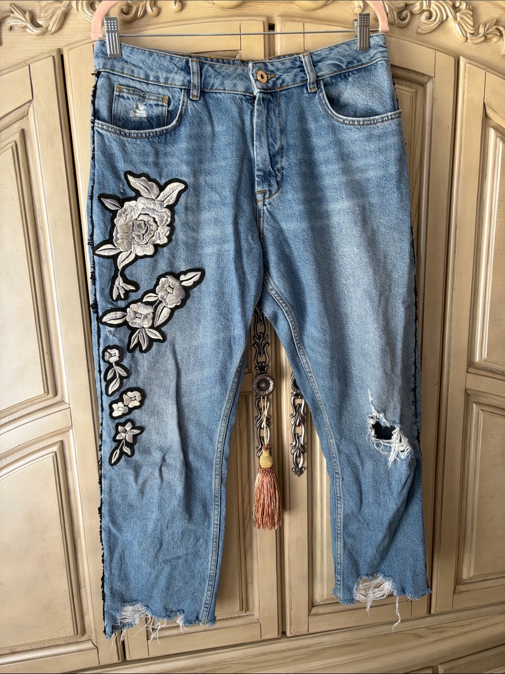 Twin-Set Light Blue Jeans with White Floral Patch